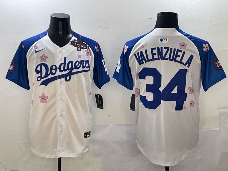 Men Los Angeles Dodgers #34 Valenzuela White Blue Sakura Edition 2025 Nike MLB Jersey style 5->los angeles dodgers->MLB Jersey